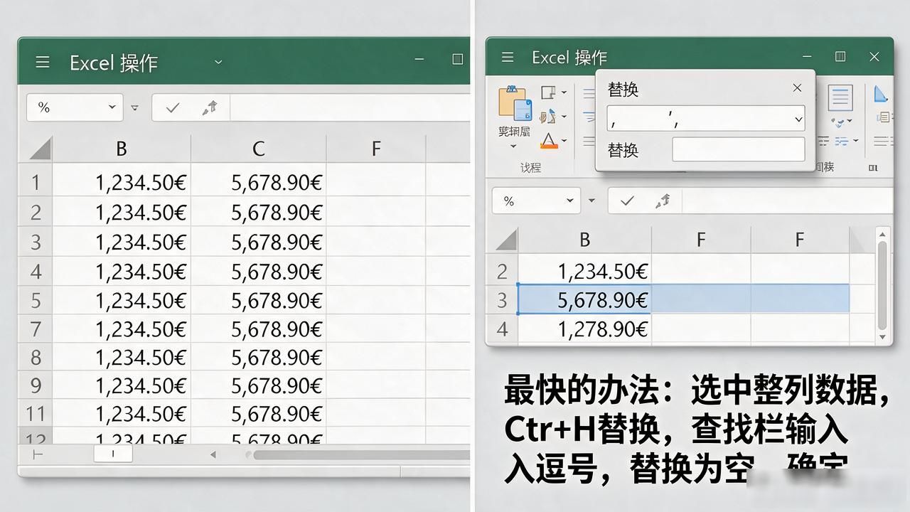 清洗Excel逗号金额_逗号货币转化为数字_替换逗号转数字